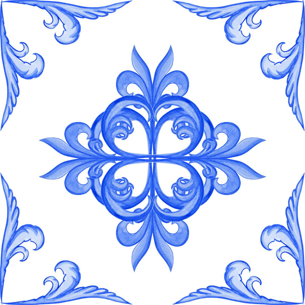 Majolica seamless pattern. Sicilian hand drawn blue ornament. Traditional blue and white ceramic tiles. Portuguese traditional azulejo pattern. Moroccan style.	 - Photo, image