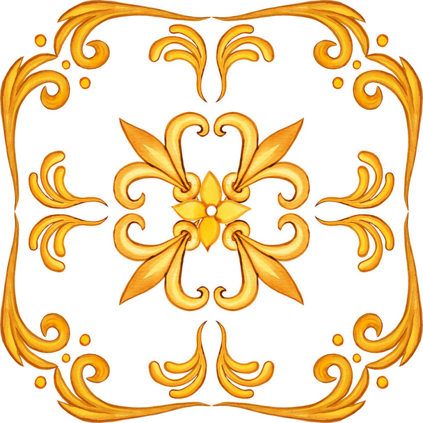 金色のシームレスな水彩マジョリカ。タイルにシチリアのデザインの手描き水彩イラスト。ビクトリア朝の伝統的なパターンとazulejos. - 写真・画像