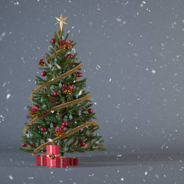 Christmas tree decorated with present boxes and ornaments on a gray square backdrop with snow and copy space. Snowy Christmas background concept with gifts for social media post design 3d rendering. - Fotoğraf, Görsel
