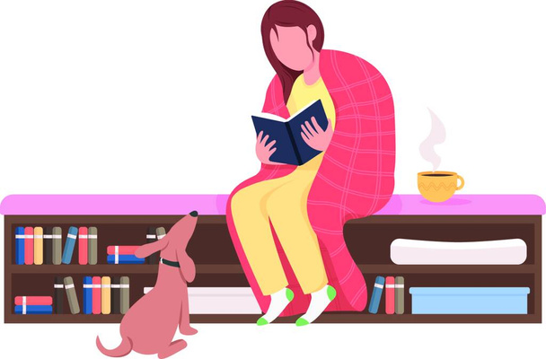 Κορίτσι ανάγνωση στο σπίτι ημι επίπεδη χρώμα διανυσματικό χαρακτήρα - Διάνυσμα, εικόνα