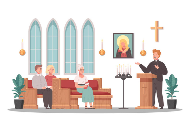 Křesťanská církevní kreslená scéna s knězem sloužící na masové služby vektorové ilustrace - Vektor, obrázek