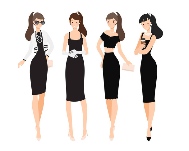 модная женщина в винтажном роскошном маленьком черном платье плоском стиле - Вектор,изображение