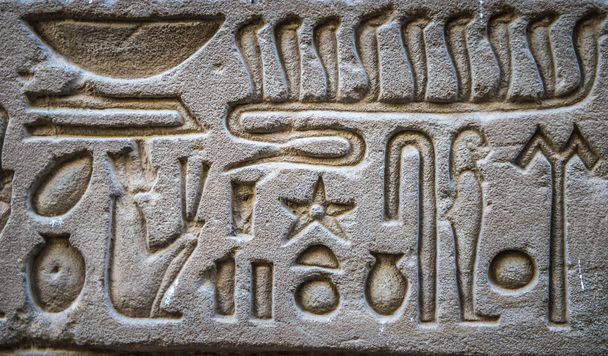 Egyptian hieroglyphs on the wall of the Horus temple in Egypt - 写真・画像