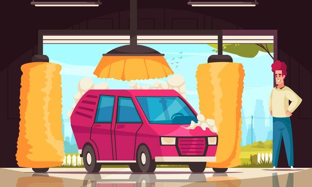 Lavagem de carro desenho animado conceito com auto serviço de limpeza vetor ilustração - Vetor, Imagem
