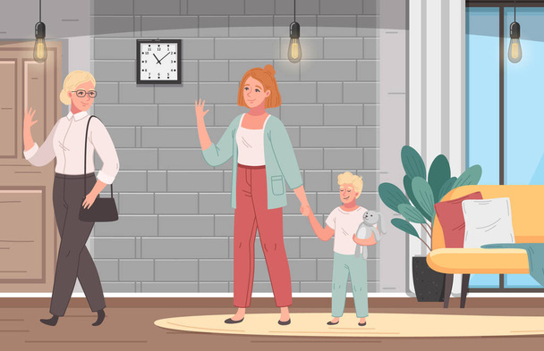 Femme baby-sitter rester avec petit garçon tandis que sa mère quitte la maison pour le travail dessin animé vectoriel illustration - Vecteur, image