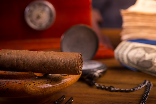 Rich person desk with cuban cigar, dollar notes and expensive wa - Φωτογραφία, εικόνα