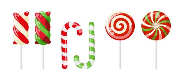 Set mit verschiedenen Arten von Süßigkeiten für Weihnachten und Neujahr. Marshmallows, Lutscher, Set von Symbolen und Gestaltungselementen. Rote und grüne Farben. Weihnachten, Feiertagsserie. - Vektor, Bild