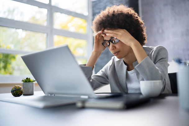 Stressed Sick African American Employee Woman At Computer - Photo, Image