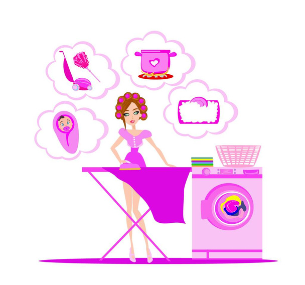 "Frau bügelt Kleidung und denkt an andere Hausaufgaben" - Vektor, Bild