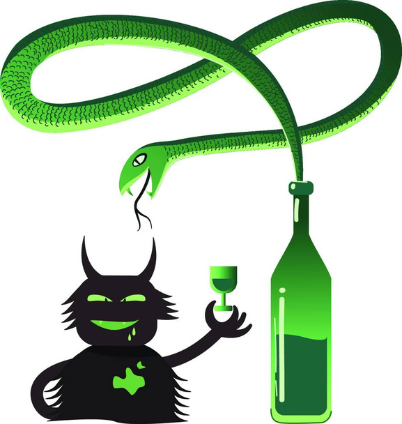 Groene slang uit de fles met alcohol en grappige boze demon als symbolen van alcoholisme. Veel alcohol schaadt de gezondheid. - Vector, afbeelding