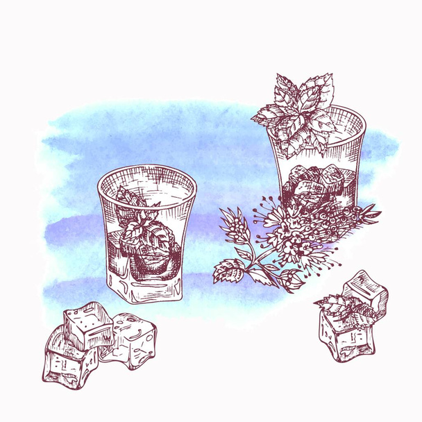 Alkoholický koktejl nápoj Ručně kreslený skica umění na akvarelu pozadí Vodka, whisky, víno Ročník design pro bar, restaurace, kavárna menu, leták, banner, plakát rytina styl vektor - Vektor, obrázek