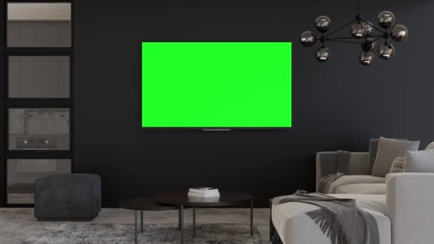 Телевизор с черно-зеленым экраном, висящий на стене дома. Телевизионное видео издевается с помощью Chroma Key. Копирование пространства для рекламы, кино, презентации приложений. Пустой телевизионный экран. Современный интерьер. 3D рендеринг - Кадры, видео