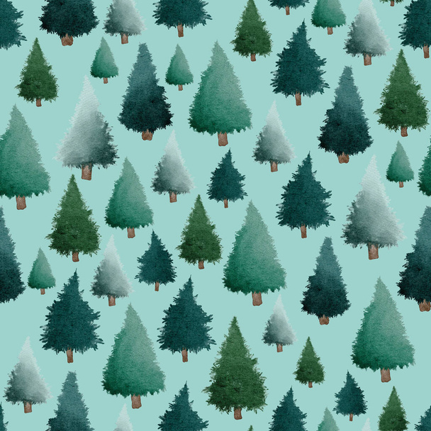 Grüne Weihnachtsbäume Aquarell Malerei nahtlose Muster Design Illustration auf türkisfarbenem Hintergrund - Foto, Bild