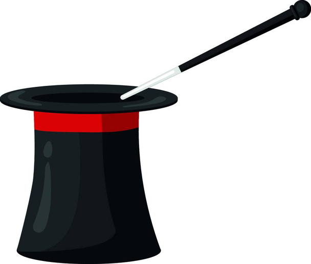 Колдовская шляпа с волшебной палочкой. Волшебник вызывает черный цилиндр, векторная иллюстрация - Вектор,изображение