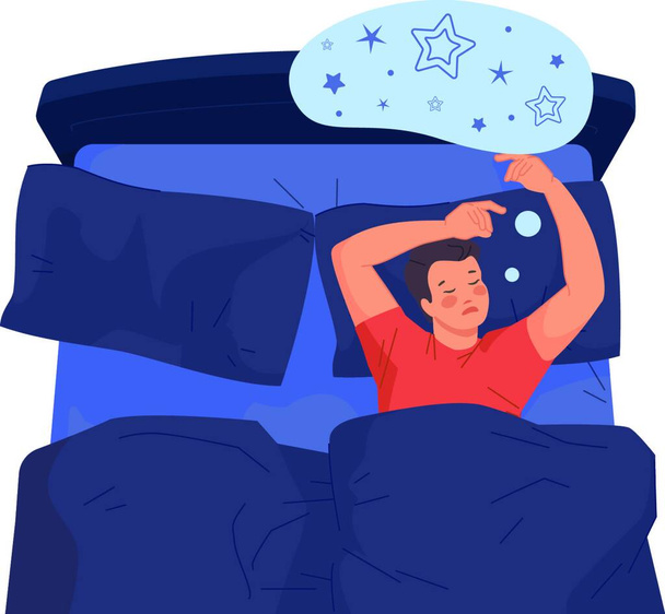 "Hombre durmiendo en la cama. Ilustración sueños nocturnos" - Vector, Imagen