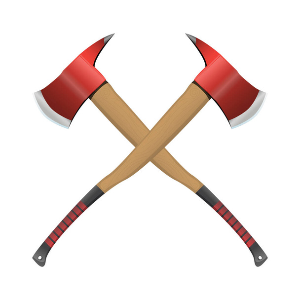 Firefighter crossed axe in realistic style. Red Hatchet. Red fire ax firefighter rescue equipment. Metal woodcutter with handle made of wood. Colorful illustration on a white background. - Photo, image