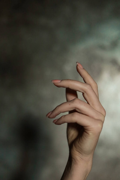 Close-up of a beautiful female hand with a simple nail manicure, on a gray background, selective focus. Weave long fingers and a fragile wrist, plastic movement. - 写真・画像