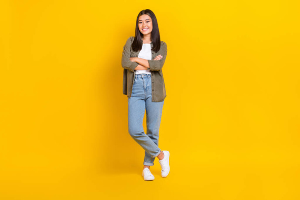 Full length size photo of satisfied business lady folded hands like her remote job freelancer wear smart casual style isolated on yellow color background. - Fotó, kép