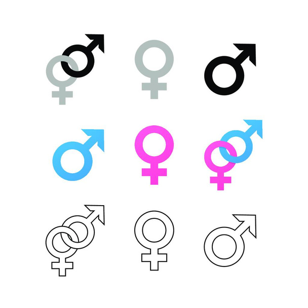 "Φύλο σύμβολα αρσενικό και θηλυκό σε διαφορετικό στυλ και τα χρώματα που απομονώνονται σε λευκό φόντο. Διάνυσμα EPS 10" - Διάνυσμα, εικόνα