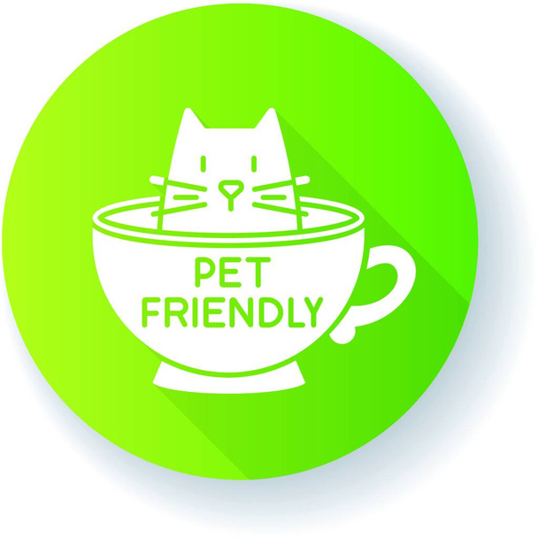 "Kedi dostu cafe yeşil düz tasarım uzun gölge sembolü. Kedi yavrusu yemek servisine izin verdi. Evcil hayvanlar bölgeye, evcil hayvanlar karşılama bölgesine izin veriyor. Siluet RGB renk çizimi" - Vektör, Görsel
