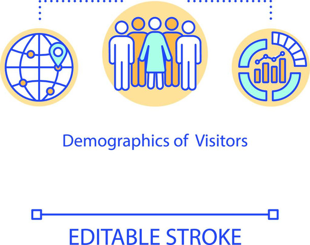 "A látogatók demográfiai koncepció ikonja. Közönség paraméterek statisztikák ötlet vékony vonal illusztráció. A vállalati ügyfelek adatbázisának elemzése. Vektor elszigetelt vázlat Rgb színes rajz. Szerkeszthető stroke" - Vektor, kép