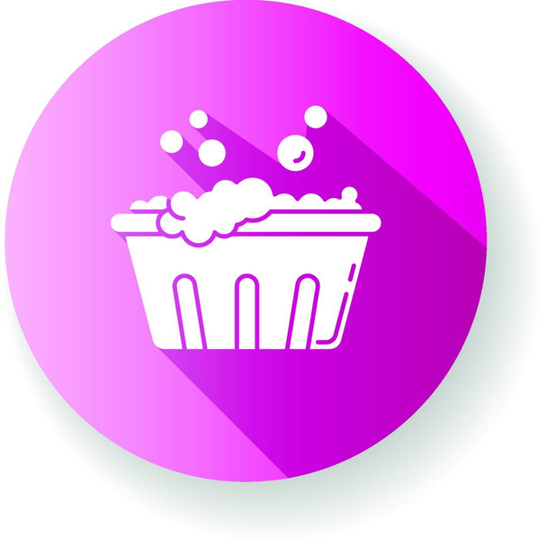 "Lavado a mano púrpura diseño plano icono de glifo de sombra larga. Remojar la ropa, lavabo con espuma, lavado de manos. Delicado lavado de telas, eliminación de manchas, cuidado de la prenda. Silueta ilustración a color RGB
" - Vector, Imagen