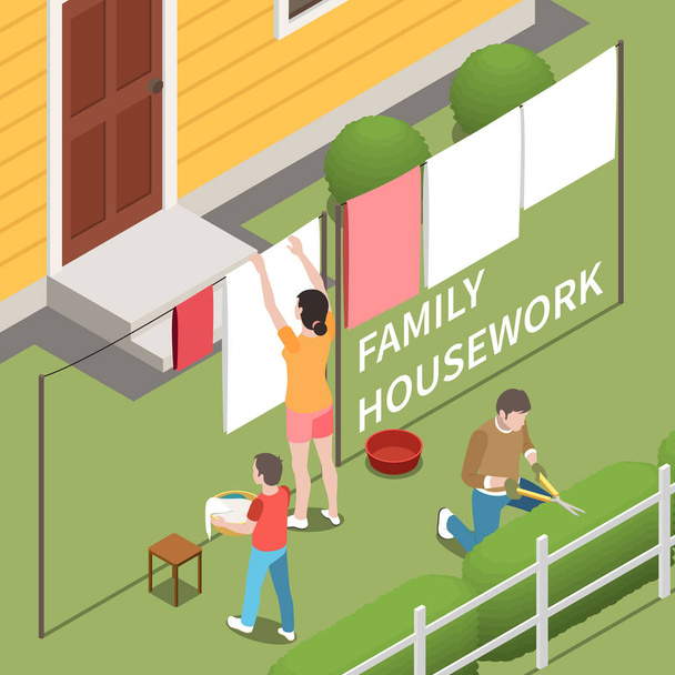 Familie Hausarbeit isometrischer Hintergrund mit Sohn hilft Mutter Wäsche aufzuhängen und Vater arbeitet im Garten Vektor Illustration - Vektor, Bild