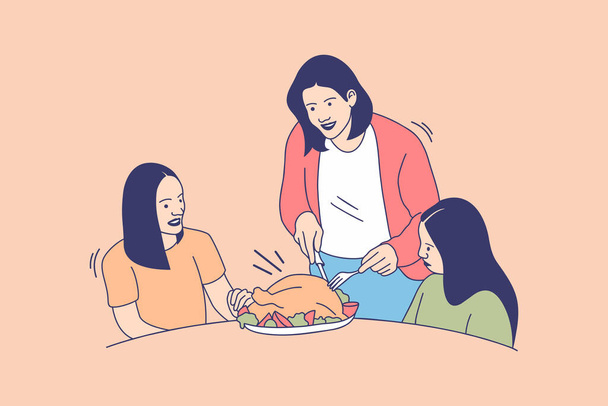 Illustrazioni di famiglia felice Mangiare al forno Turchia per il giorno del Ringraziamento concetto di design - Vettoriali, immagini