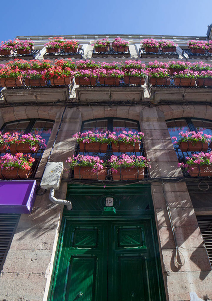 Балконы Calle Ancha. Здание украшено розовыми цветочными плантаторами, Леон, Испания - Фото, изображение