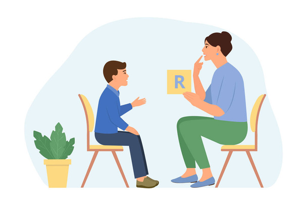 Speech therapy for preschool kid with therapist. Speech disorders in children.Proper articulation therapy for boy. Vector illustration.Isolated vector - Vector, Image