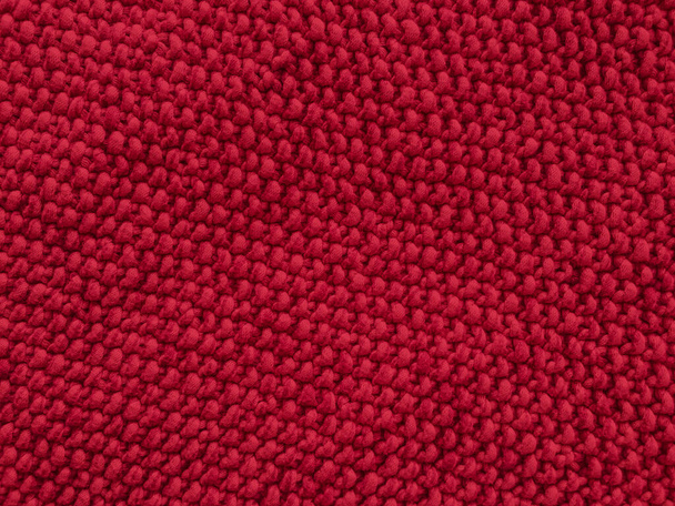 Xmas Knitting Pattern. Vintage Cotton Jumper. Macro Nordic Material. Christmas Knitted Texture. Organic Wool Textile. Closeup Handmade Thread Wallpaper. Red Xmas Knitted Background. - Foto, Imagen