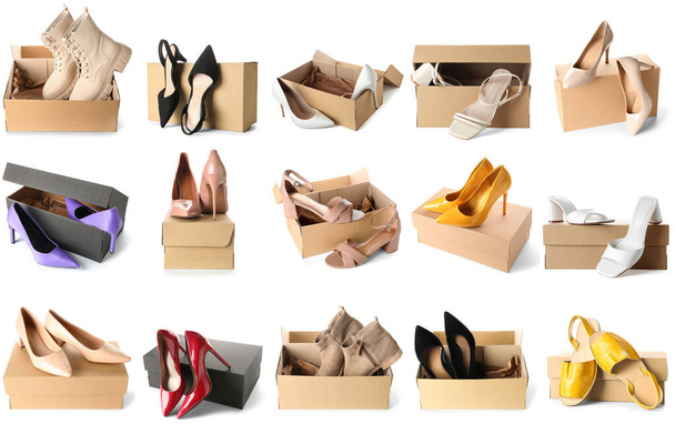 Sada kartónových krabic se stylovými dámskými botami izolovanými na bílém - Fotografie, Obrázek