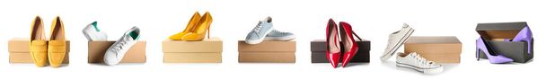 Set kartonnen dozen met stijlvolle schoenen geïsoleerd op wit  - Foto, afbeelding