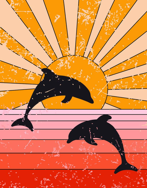 Groovy juliste 70-luvun tyyliin auringon ja delfiinien. Retro tulostaa grange rakenne. Vektorin kuva auringonpaisteesta ja merestä   - Vektori, kuva
