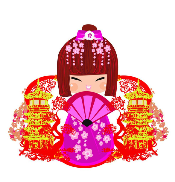 Personagem de desenho animado boneca Kokeshi, belo cartão abstrato   - Vetor, Imagem