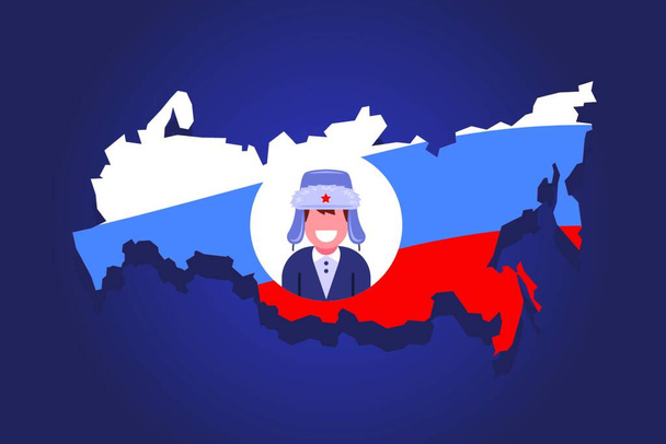 Oroszország térképe egy tipikus személy ikonjával ebből az országból. sapka fülvédővel a fején. - Vektor, kép