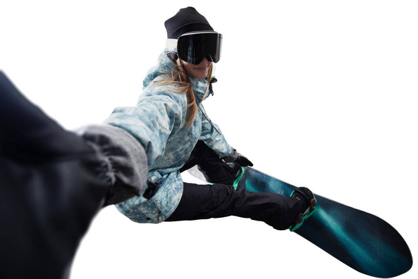 Snowboarder girl in action isolated on white - Foto, Imagem