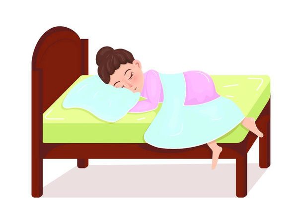 "Το κοριτσάκι κοιμάται κάτω από μια μπλε κουβέρτα στο κρεβάτι του μωρού της, απομονωμένο σε λευκό φόντο." - Διάνυσμα, εικόνα