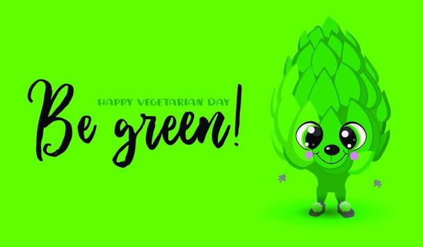 Artichoke. Cute characters with hands and faces on a green background. Greeting card for vegan day and vegetarian day. - Vector, Image