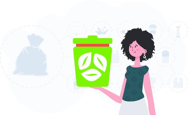 Koncepcja ekologii i recyklingu. Kobieta trzyma kosz na śmieci w rękach. Modny styl postaci. Vetcor.   - Wektor, obraz