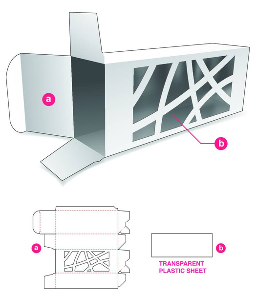 "Довга коробка з абстрактним вікном і прозорим пластиковим шаблоном нарізання листів
" - Вектор, зображення