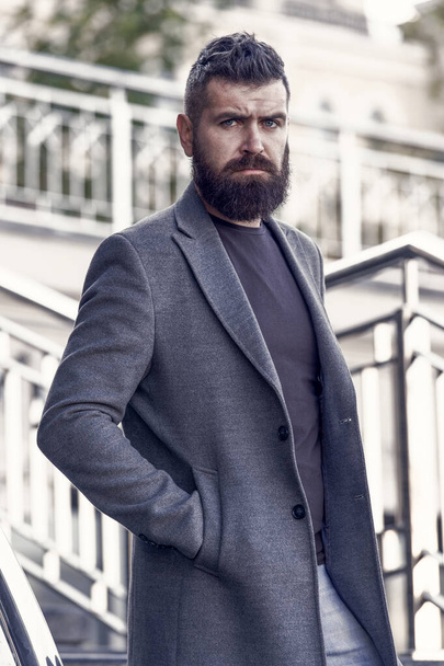 Urban fashion. Man bearded hipster stylish fashionable coat or jacket. Comfortable outfit. Hipster fashion model outdoors. Stylish casual outfit spring season. Menswear and male fashion concept. - Foto, afbeelding