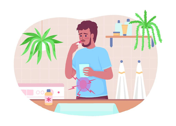 "Man with stomach ache taking drugs at home 2D vector isolated illustration" - Vector, Image
