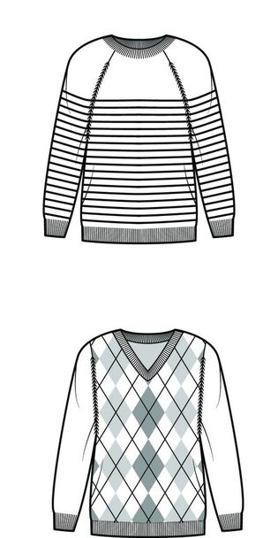 "Sailor Sweter Striped Pullover ilustracja moda techniczna z szyją żebra załogi, długie raglan rękawy, przerośnięte, mankiet" - Wektor, obraz