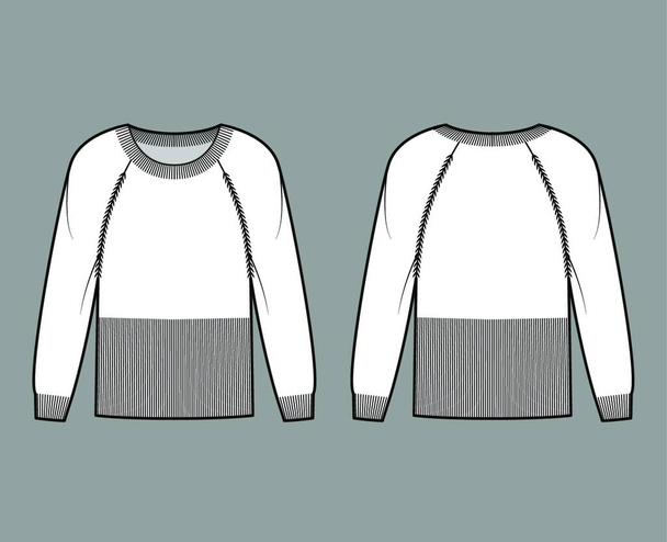 "Ilustracja moda techniczna sweter z żebra okrągły dekolt, długie raglan rękawy, dopasowany korpus, długość biodra, wykończenie" - Wektor, obraz