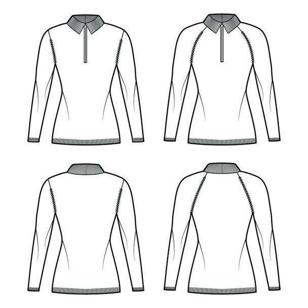 "Készlet cipzáras pulóver technikai divat illusztráció bordás henley nyak, hosszú raglan hüvely, felszerelt test, kötött szegély" - Vektor, kép