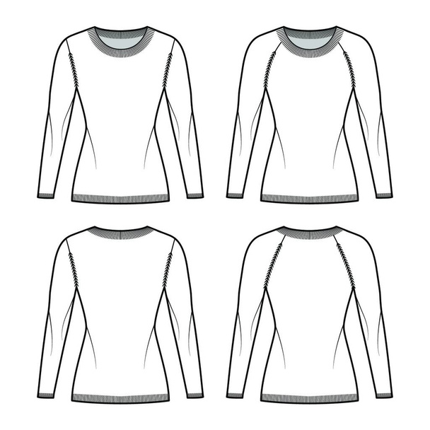 "Set of Round neck Sweaters technical fashion illustration with long raglan sleeves, fitted body, hip length, knit trim" - Vector, Image