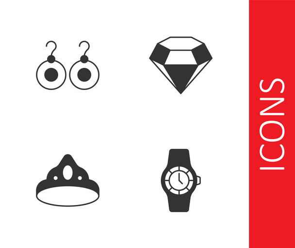 Set Reloj de pulsera Pendientes Rey corona y diamante icono. Vector. - Vector, Imagen