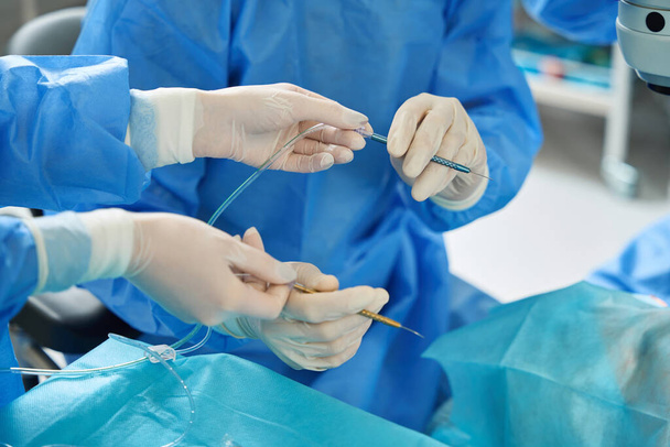 Infermiera che somministra al medico in guanti protettivi bianchi due spatole per ciclodialisi durante l'operazione - Foto, immagini
