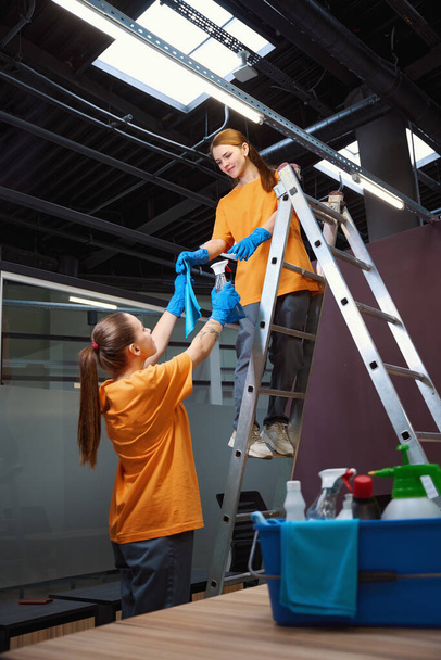Δύο νεαρές γυναίκες με στολές βοηθούν η μία την άλλη ενώ χρησιμοποιούν σκάλα και λάμπες καθαρισμού στο κτίριο. - Φωτογραφία, εικόνα
